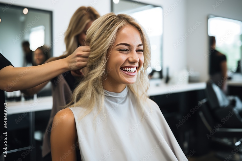 Beautiful blonde model woman in the hairdresser salon gets a new haircut, dyes her hair and style it. Sitting on the chair and talks to the hairstylist. Beautiful blonde model woman in the hairdresser salon gets a new haircut, dyes her hair and style it. Sitting on the chair and talks to the hairstylist.