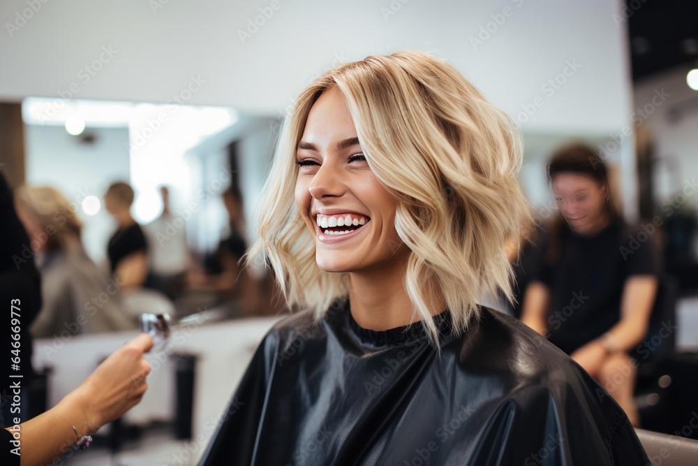Beautiful blonde model woman in the hairdresser salon gets a new
