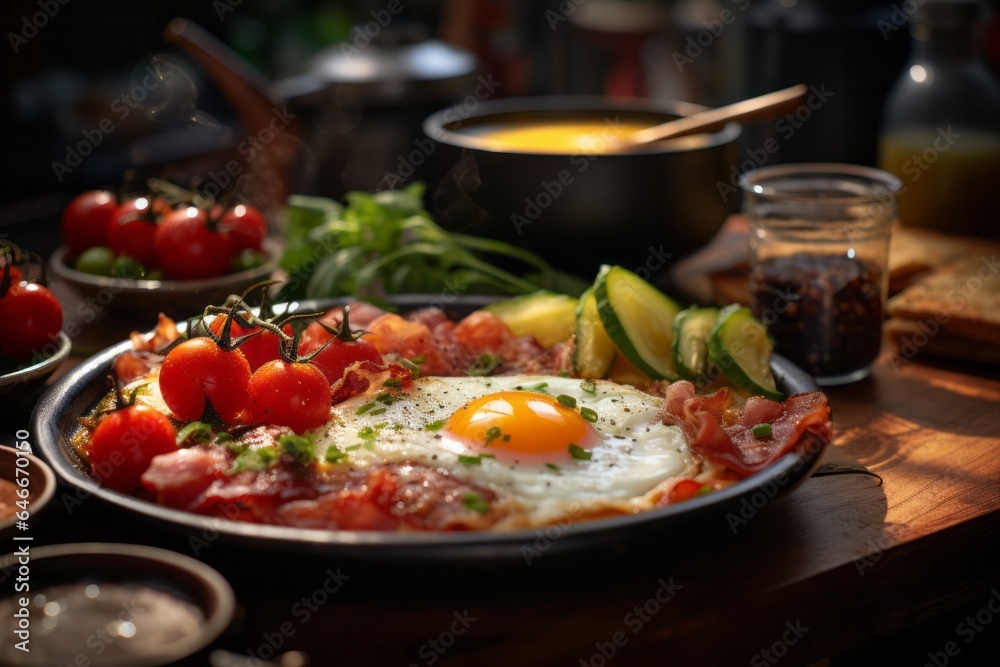 Photo of a delicious plate of food with fried bacon and a perfectly fried egg on top created with Generative AI technology