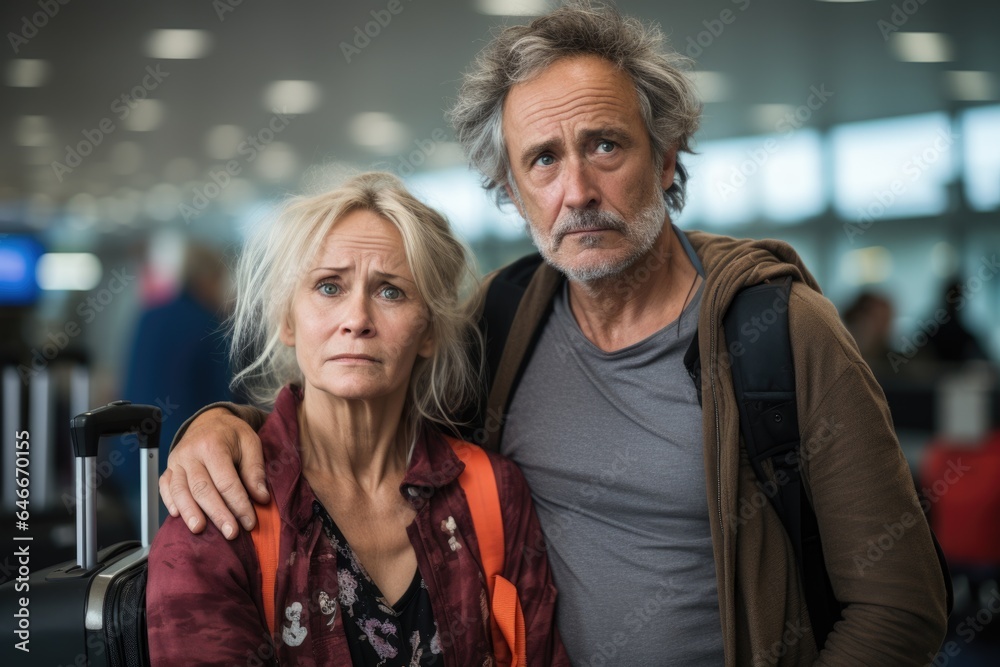 Travel Frustration: Annoyed Retired Tourists with Luggage Travel Frustration: Annoyed Retired Tourists with Luggage