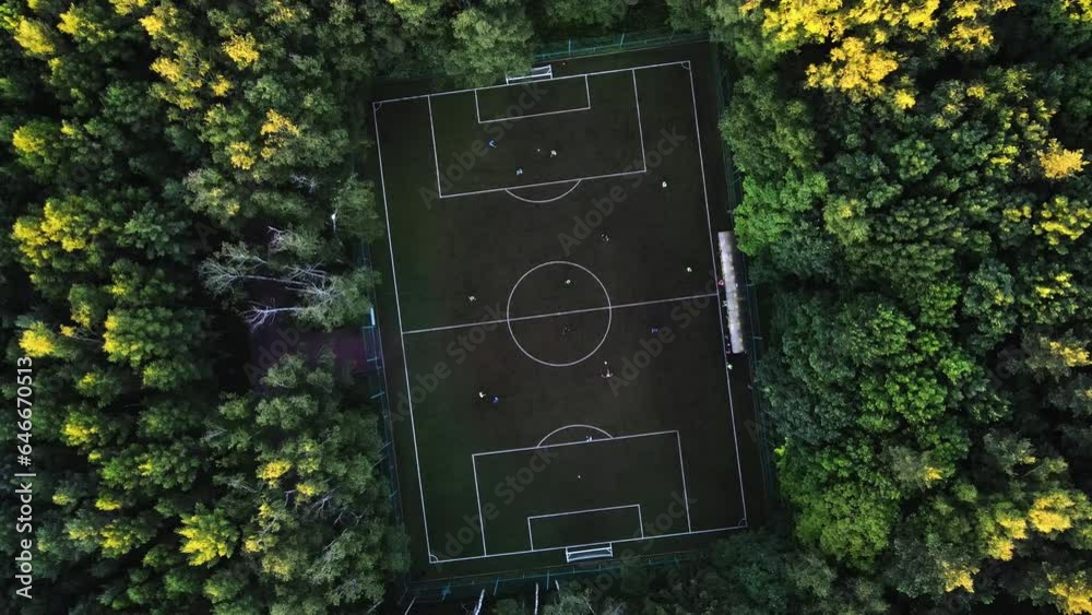 Aerial view above a football field in middle of sunlit trees - top down, drone shot