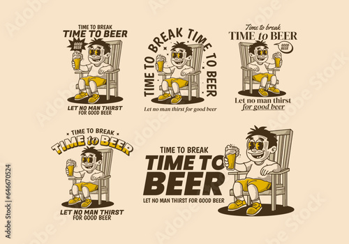 Time to break time to beer, vintage illustration of a man sit on the chair and holding a glass of beer