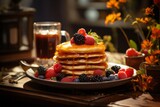 Photo of a delicious stack of pancakes topped with fresh berries and syrup created with Generative AI technology
