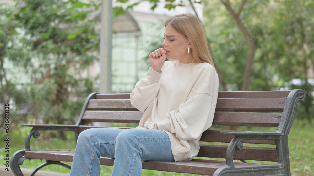 Coughing Casual Young Woman Sitting Outdoor Coughing Casual Young Woman Sitting Outdoor