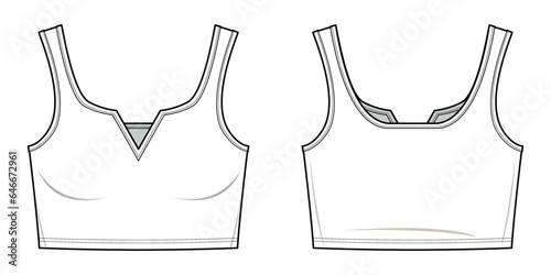 Notched Neck Trim Rib-knit Tank Top technical fashion illustration. Tank Top vector template illustration. front and back view. slim fit. crop top. women's. white color. CAD mockup set.