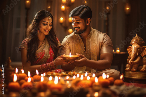 Young indian couple in traditional wear and doing puja in diwali festival. photo