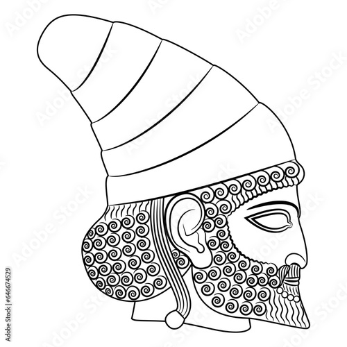 Head in profile of ancient Persian man from Persepolis. Male portrait of a bearded Achaemenid hero from Iran. Black and white linear silhouette.
