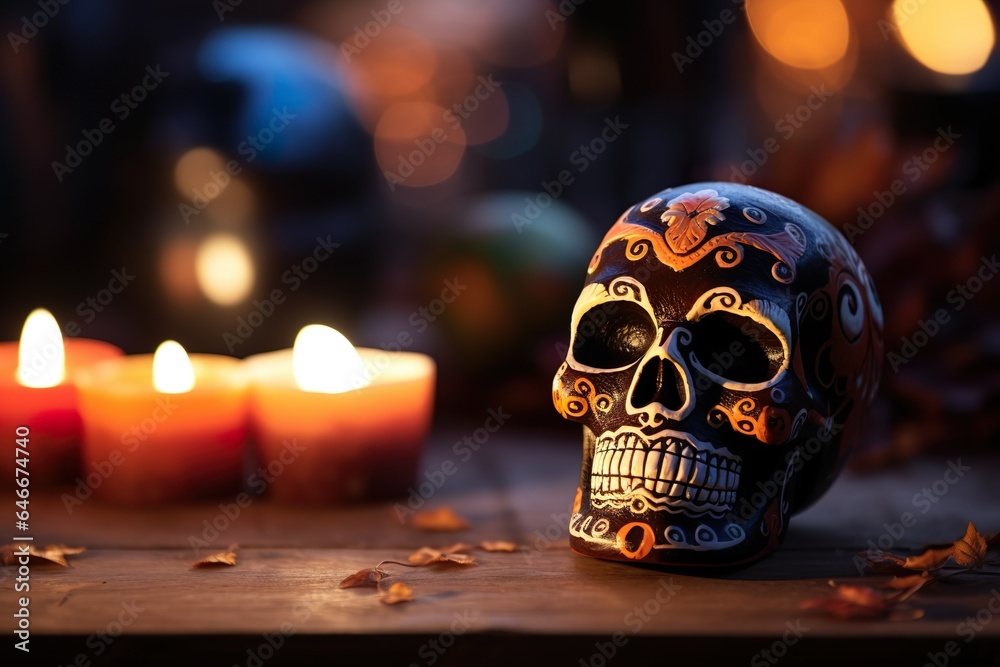 Mexican skull surrounded by candles and flowers day of the dead skeleton head dia de los muertos Mexican skull surrounded by candles and flowers day of the dead skeleton head dia de los muertos