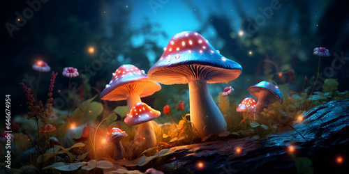 Imaginary magic mushrooms in enchanted forest, close-up, macro illustration,,,,,, Fantasy mushroom landscape in the forest created with Generative AI technology Pro Photo