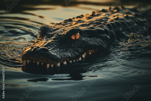 dark silhouette image of a crocodile swimming zig zag in a lake. 