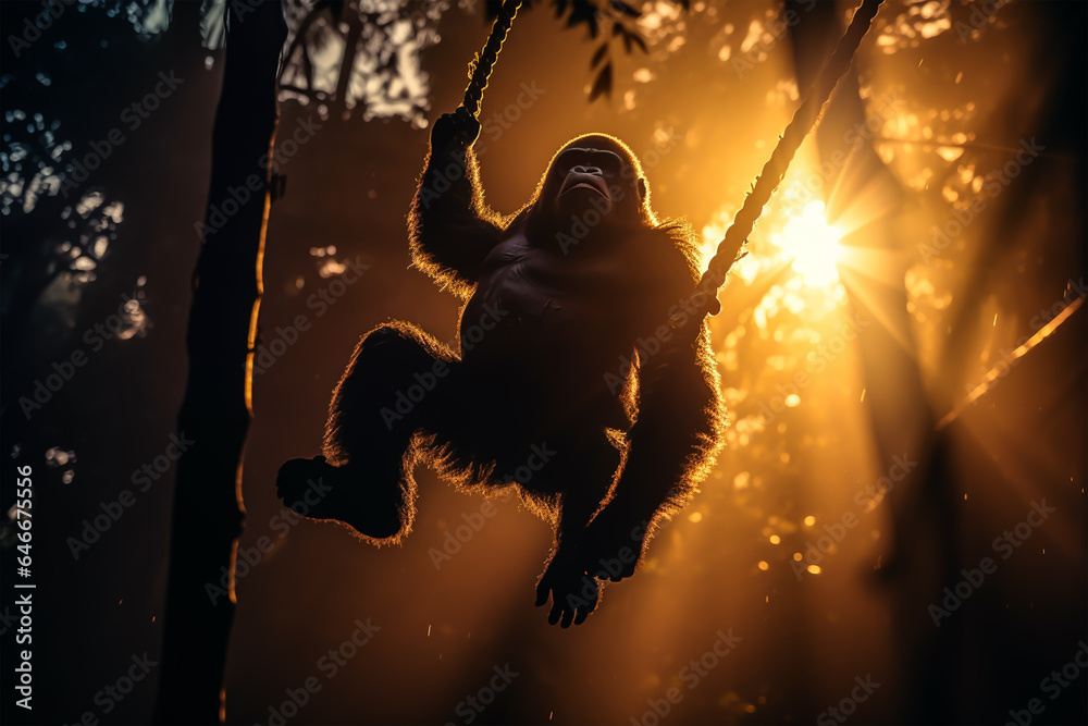 dark silhouette image of a ape swing in a jungle.  - obrazy, fototapety, plakaty 