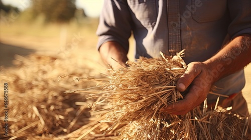 Farmers harvest their wheat crops in season. sunset scene