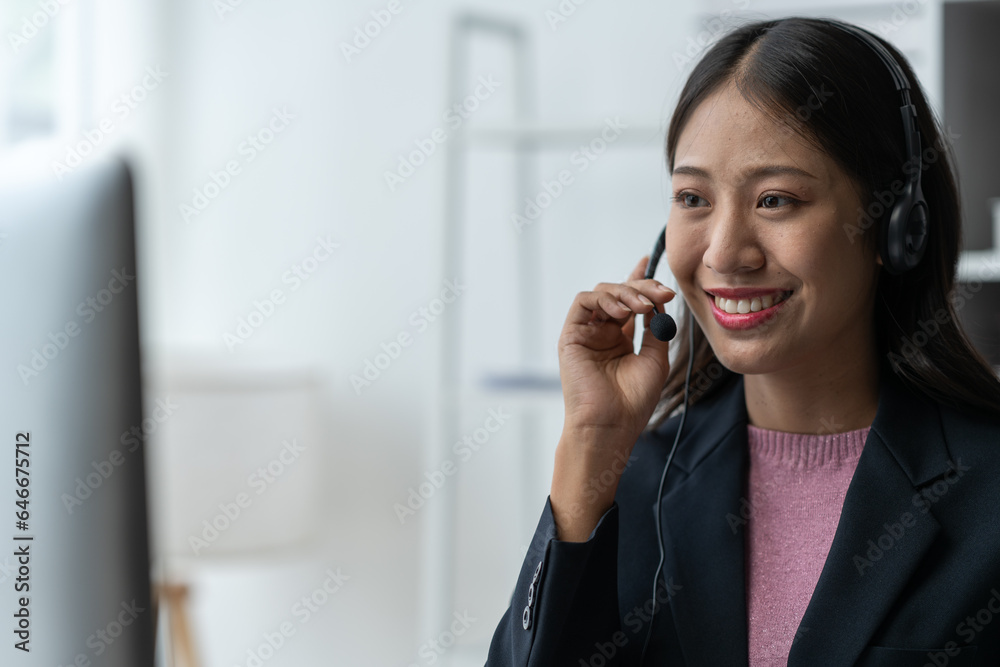 Asia call center with headset and microphone working on laptop Female entrepreneurs serving customers, business information, inquiries Support call center representatives help customers. Asia call center with headset and microphone working on laptop Female entrepreneurs serving customers, business information, inquiries Support call center representatives help customers.