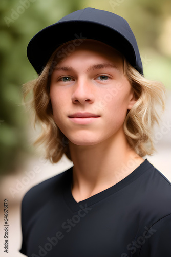 Image of a head shot of a cute white Caucasian 14 year old skater boy with long blonde hair. He is wearing a black cap.