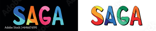 SAGA. Set 2 in 1. Bright funny cartoon color doodle isolated text. Place in Japan SAGA for print typography, travel social network, adv banner, t-shirt design.