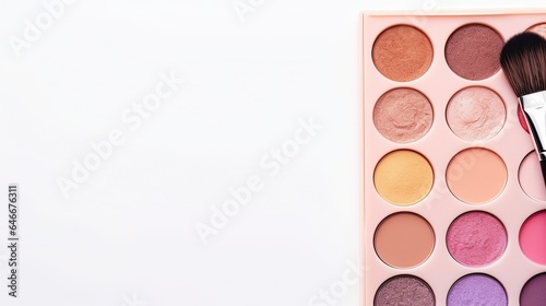 Makeup brushes and eye shadow palette on white background with copy space, top view