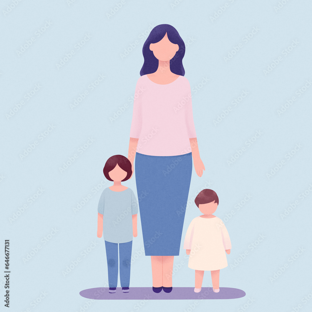 並んだ母子のイラスト 並んだ母子のイラスト