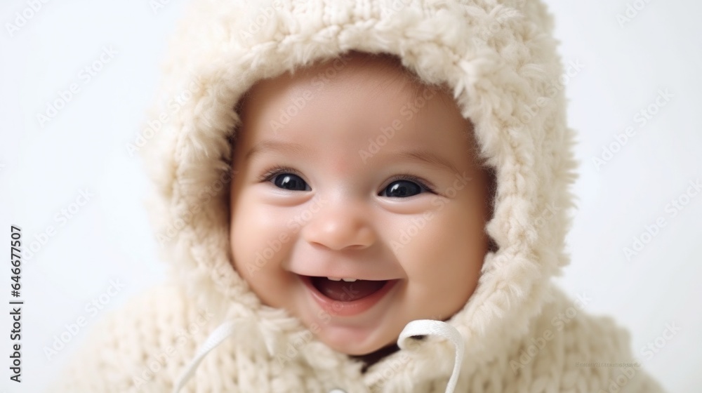 Joyful European baby against white studio background. Generative AI Joyful European baby against white studio background. Generative AI