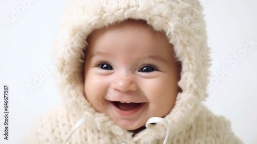 Joyful European baby against white studio background. Generative AI