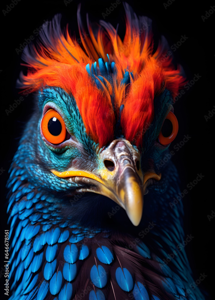 Portrait of a colored chicken rooster isolated on black background