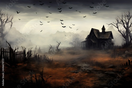 Haunted spooky Halloween house with bats and soft mist, pumpkins scattered around, with empty copy space Generative AI