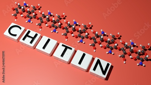 Chitin is a long-chain polymer of N-acetylglucosamine molecules from polysaccharides family 3d rendering