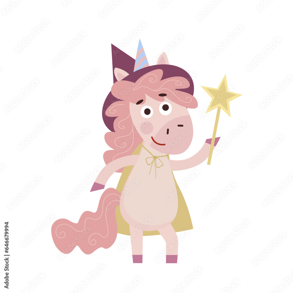 Funny cartoon child Unicorn. Happy unicorn character holding magic wand. Isolated vector illustration Funny cartoon child Unicorn. Happy unicorn character holding magic wand. Isolated vector illustration