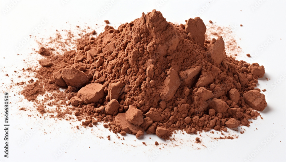 Isolated background ingredient closeup ground brown white nature chocolate cocoa powder Isolated background ingredient closeup ground brown white nature chocolate cocoa powder