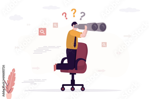 Job seeker looking new vacancy. Career future, new job opportunity or visionary to success in work, businessman riding office chair using binoculars to see future and way forward.