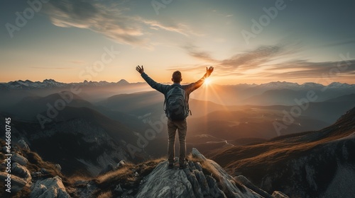 A male traveler stands on a mountain summit, arms raised in exhilaration