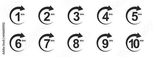 1, 2, 3, 4, 5, 6, 7, 8, 9, 10 minutes icons with circle arrows. Stopwatch symbols. Countdown signs. Sports or cooking timers. Delivery, deadline, duration pictograms. Vector graphic illustration