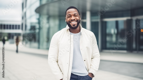 Portrait photography of a cheerful african american man wearing a chic white cardigan against a modern architectural background.