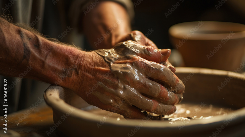 Close up man potters a clay bowl