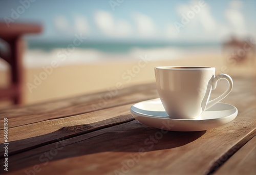 Sea and sunrise in morning. Sipping serenity. Morning coffee cup on sandy shore. Seaside delight. Beach cafe