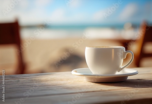 Sea and sunrise in morning. Sipping serenity. Morning coffee cup on sandy shore. Seaside delight. Beach cafe