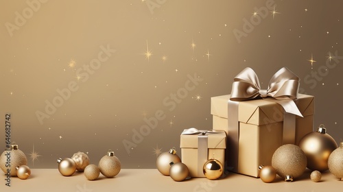 A banner for the New Year featuring Christmas gift boxes with gold decorations on a khaki background.