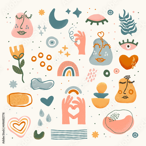 Big set of hand drawn various shapes and objects. Doodle textured faces, eyes, hands, rainbows and frames. Abstract contemporary modern trendy vector illustration. Relationship, love concept.