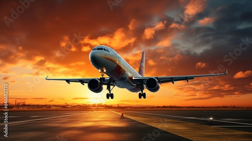 The plane takes off at sundown and lands at sundown. The sky is overcast. © PhotoVibe