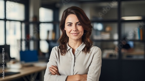 This is a portrait of a young girl who's smiling and looking at the camera with her arms crossed. She looks like a happy girl in a creative office