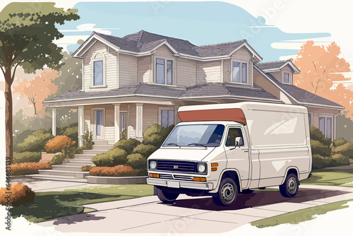 camper van in front of home illustration