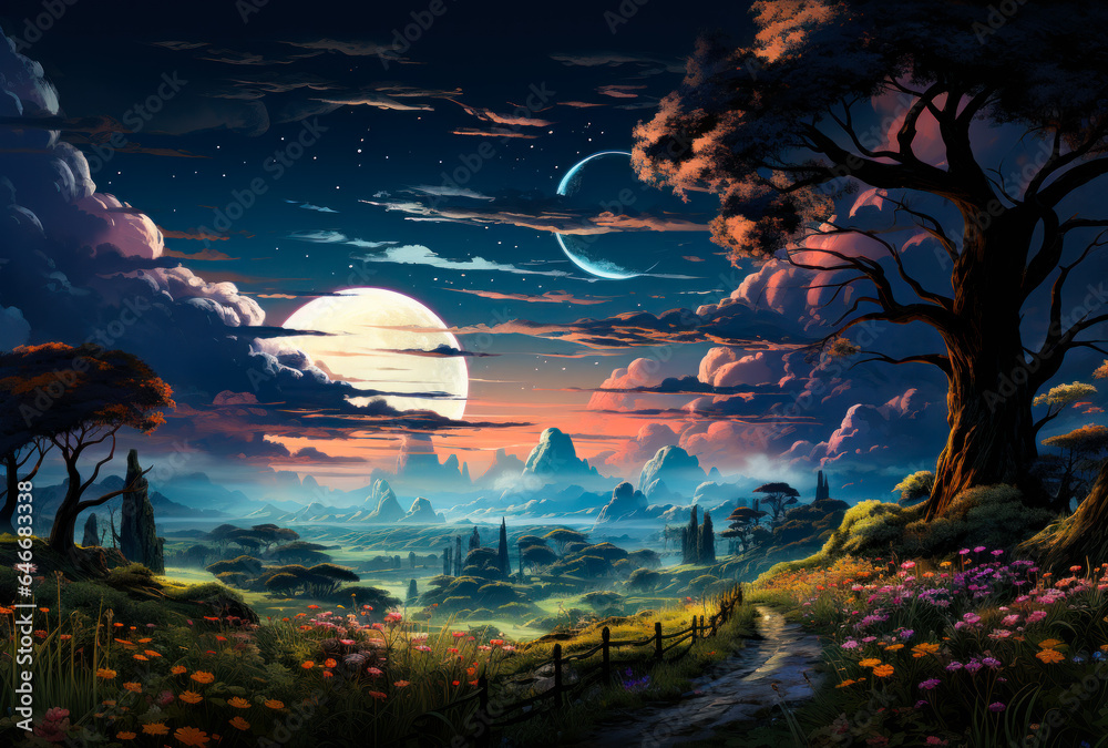 A mesmerizing fantasy landscape illuminated by the light of a full moon