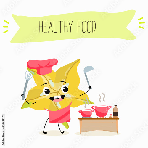 Vector cartoon character carambola, carom, funny vegetable, fruit. Farm fresh harvest, agriculture organic veggie or vegetarian food ripe product. 