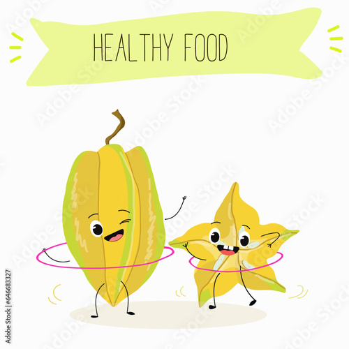 Vector cartoon character carambola, carom, funny vegetable, fruit. Farm fresh harvest, agriculture organic veggie or vegetarian food ripe product. 