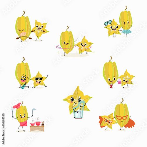 Vector set of funny fresh vegetarian carambola, carom, funny vegetable, fruit, characters doing  sports, playing musical instruments.