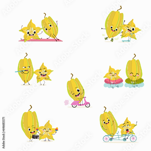 Vector set of funny fresh vegetarian carambola, carom, funny vegetable, fruit, characters doing  sports, playing musical instruments.