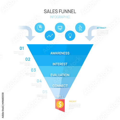 Infographic Sales funnel diagram template for business. Timeline 5 step arrows level, marketing data, presentation vector infographics.