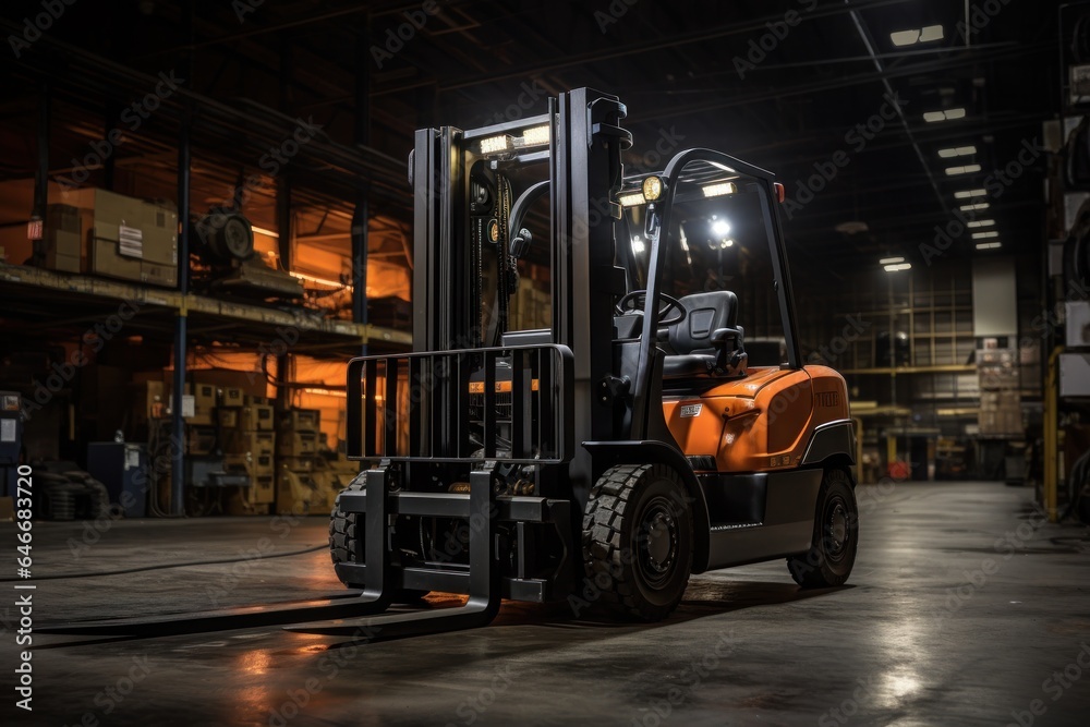Forklifts truck in a modern automated warehouse.