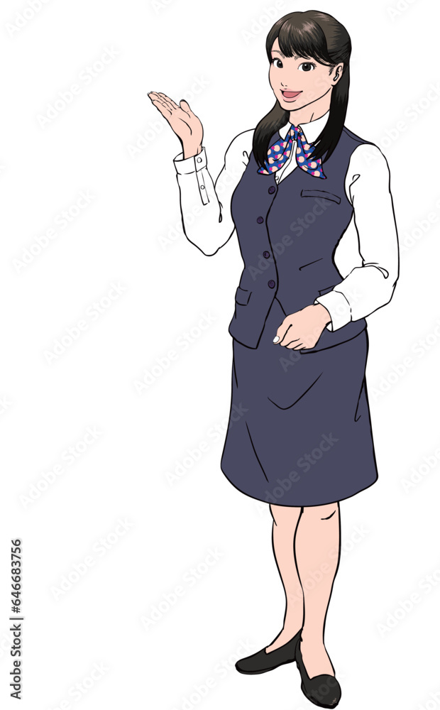 笑顔でご案内する受付の若い女性_全身斜め横_影なし