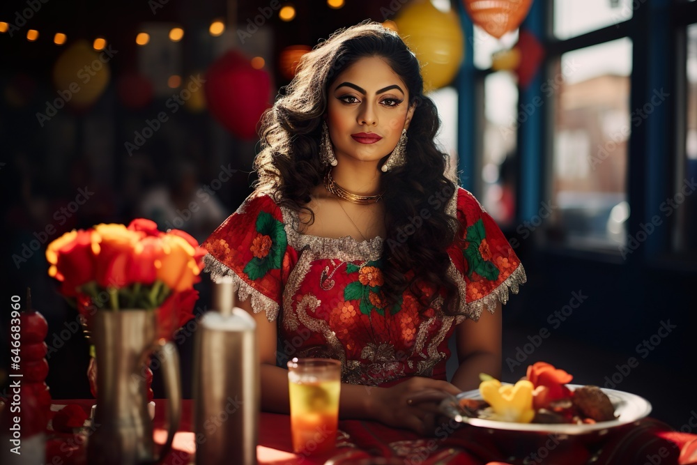 Dia de la Raza Celebration with a Beautiful Mexican Girl in Red Dress and Makeup Stock Photo