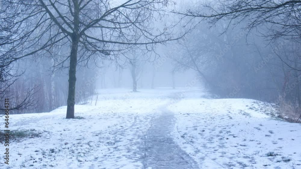 winter landscape with snow falling, zooming out
